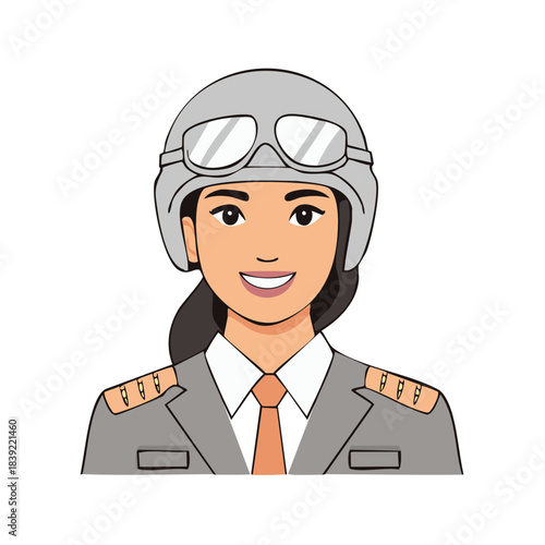 Smiling Female Aviator Cartoon Character Portrait Wearing a Helmet and Aviation Uniform with a Necktie