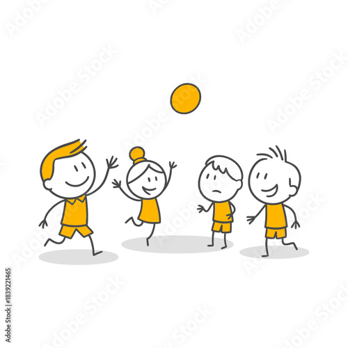 Four joyful individuals, enjoying the moment with a simple ball game on a sunny day, whose enthusiastic movements and smiles draw attention.