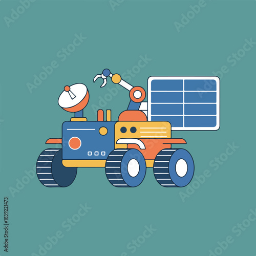 A colorful, minimalist illustration of a robotic rover featuring a satellite dish, robotic arm, solar panels, and large wheels on a teal background.