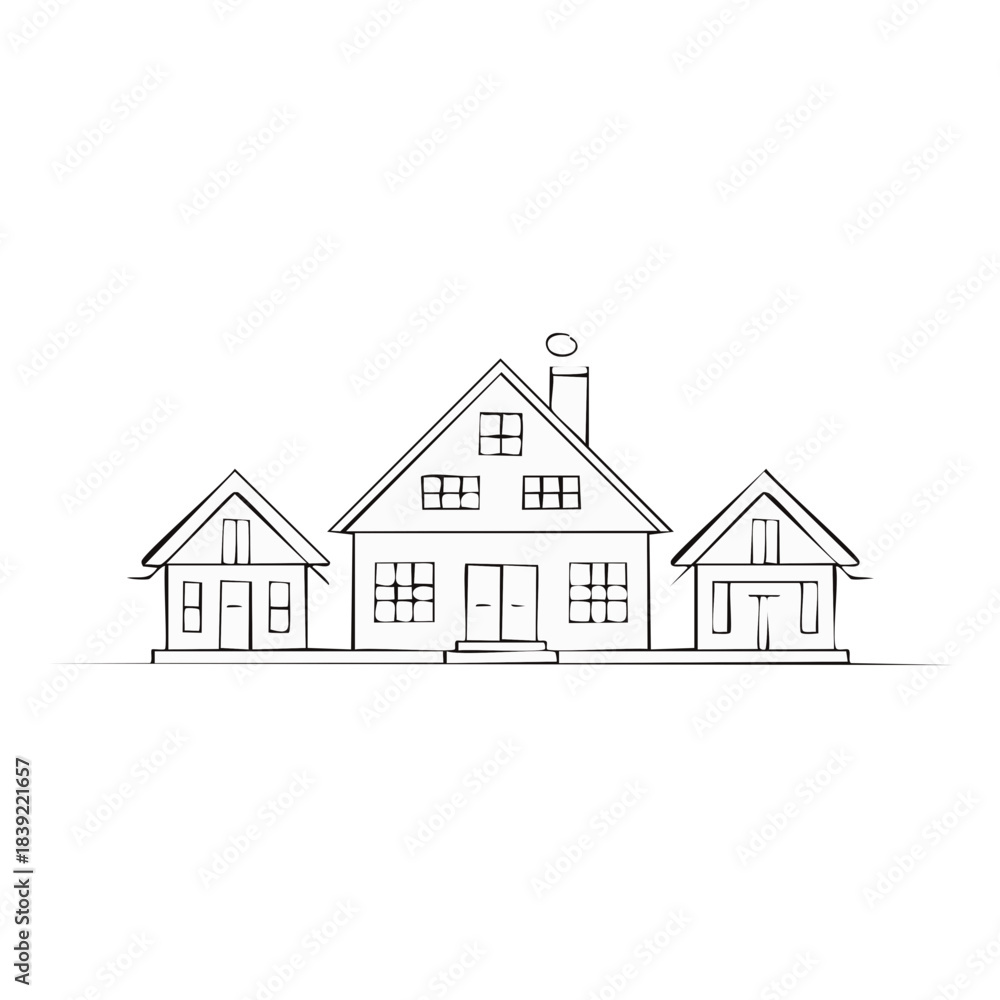 Fototapeta premium Doodle Style Illustration of Three Simple Houses with Windows, Chimney and Roofing on White Background