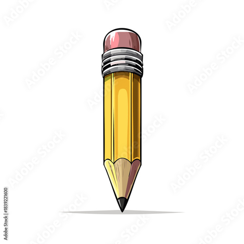 Cartoon pencil illustration with pink eraser isolated on white. School supplies and learning tool for drawing, education and creativity