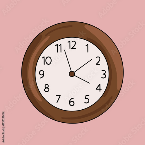 Round Wooden Retro Clock Vector Illustration Isolated on Pink Background. Vintage Analog Style Icon Design. Time Management and Appointment Schedule Concept