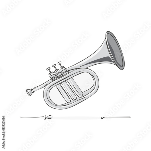 Detailed Illustration of a Silver Flugelhorn Musical Instrument, Classic Horn with Valves, Music, Orchestra