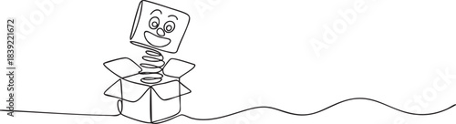 Continuous single line artwork of a silly jack-in-the-box popping out with a playful wavy spring line in a minimalist outline style, vector illustration