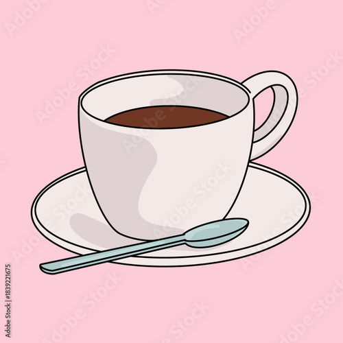 Close Up Vector Illustration of a White Coffee Cup with Spoon and Dish, Isolated Icon Design on Pink Background