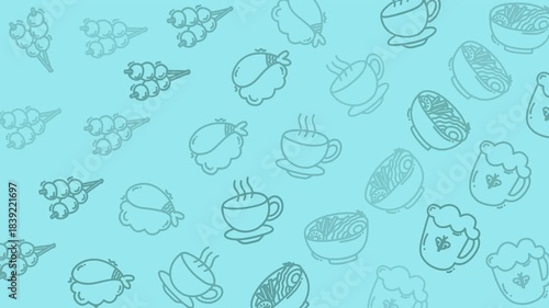 Food pattern holiday themed teal background with assorted japanese food drawings perfect for festive occasions, menus, invitations, and foodthemed designs.