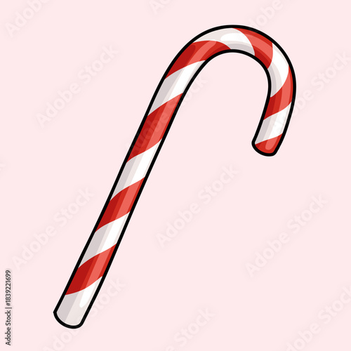Vector Illustration of a 3d Style Striped Red and White Candy Cane Isolated Icon on Pink Background. Sweet Christmas Winter Concept