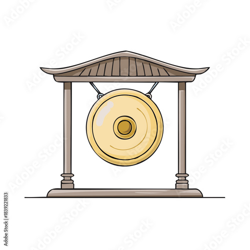 Ornate Gold Gong Suspended from Wooden Frame with Asian Style Pagoda Roof