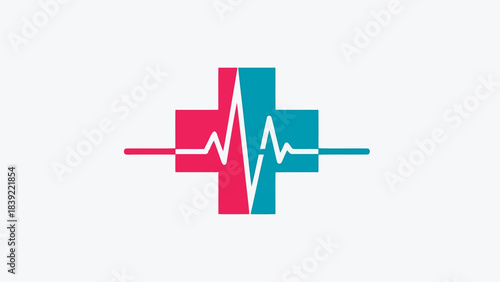 Vector illustration of medical cross with heartbeat line, healthcare flat design