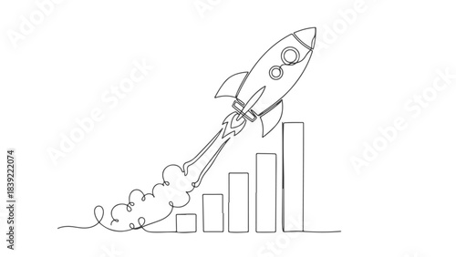 A minimalist line drawing of a rocket launching upwards over a bar graph, symbolizing business growth and success.