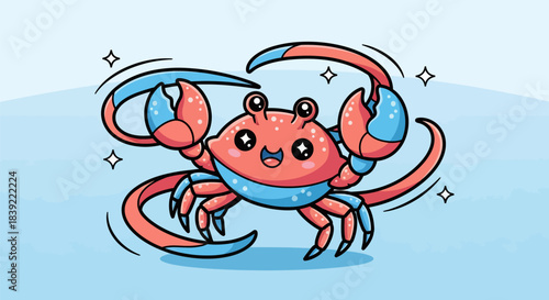 Cute cartoon crab illustration with big claws and happy expression.