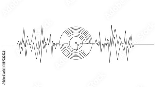 A minimalist line art illustration depicting a vinyl record at the center of a sound wave, symbolizing the connection between music and audio frequencies.