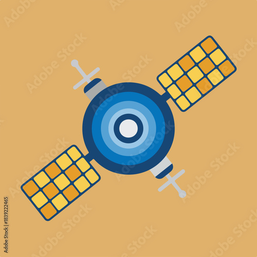 A flat design vector illustration depicts a satellite with a blue concentric circle body, two patterned solar panels, and grey antennae on a warm tan background.