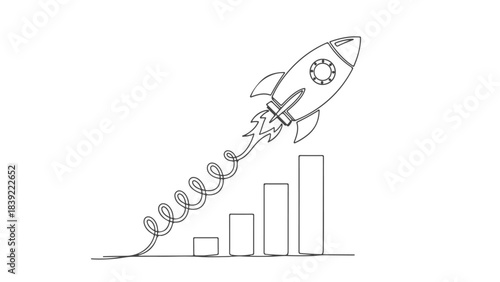 A rocket ship ascends from a bar chart, symbolizing business growth and success.