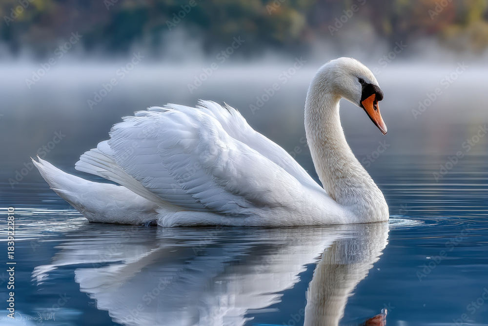 Obraz premium White swan glides serenely on misty lake