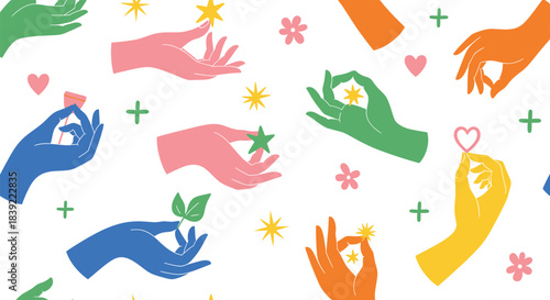 Abstract Seamless Vector Pattern of Diverse Colorful Hands Holding Flowers, Stars, Hearts, and Leaves, Symbolizing Creativity, Care, Sharing, and Unity in a Modern Graphic Style.