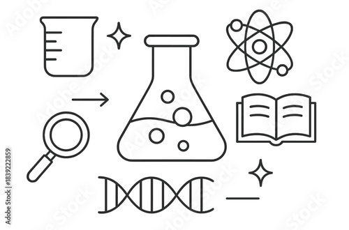 Science symbols represent learning, exploration, and research in various fields like chemistry and biology