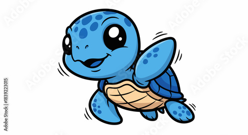 Adorable cartoon turtle smiling and waving its flipper happily, blue color.