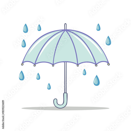 Cartoon Styled Light Blue Umbrella Illustration with Falling Blue Rain Drops Around It