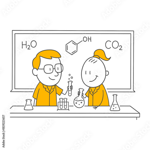 A scientist and colleague perform a cheerful experiment in the chemistry laboratory, filled with the passion for scientific discovery.