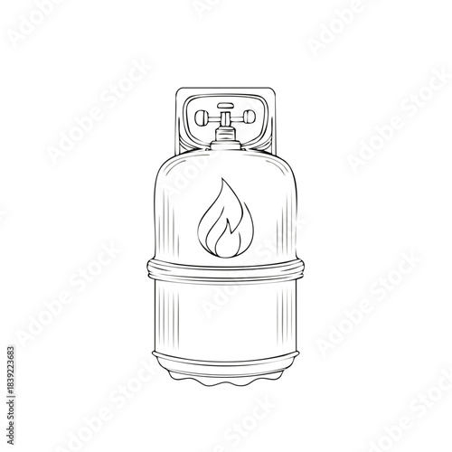 Sketch of Gas Cylinder for Campers or Grill Fuel with Flame Symbol isolated on white