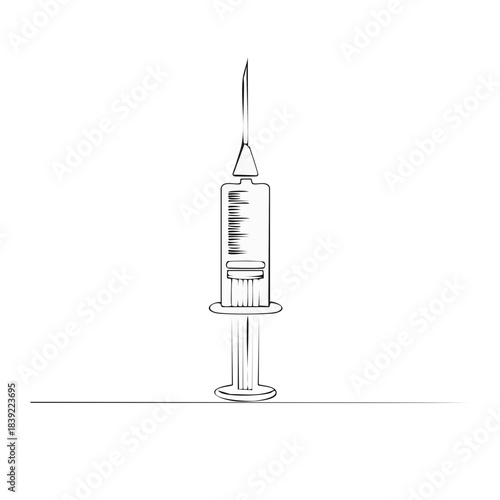Stylized single line drawing of syringe with needle for vaccination or injection