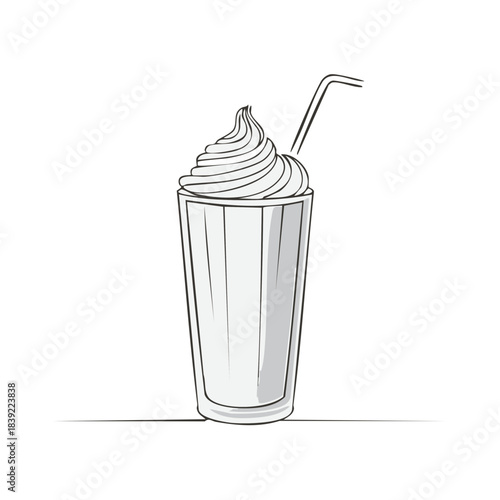 Drawn milkshake topped with whipped cream in tall glass with straw, simple vector illustration