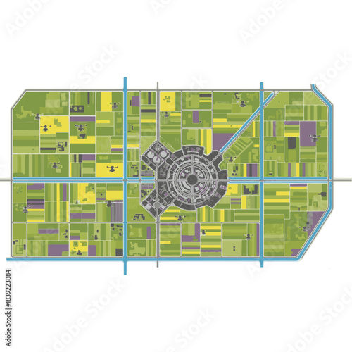 Detailed top-down aerial view illustration of a meticulously planned utopian or futuristic city layout featuring a central circular core surrounded by a symmetrical grid system, representing smart cit