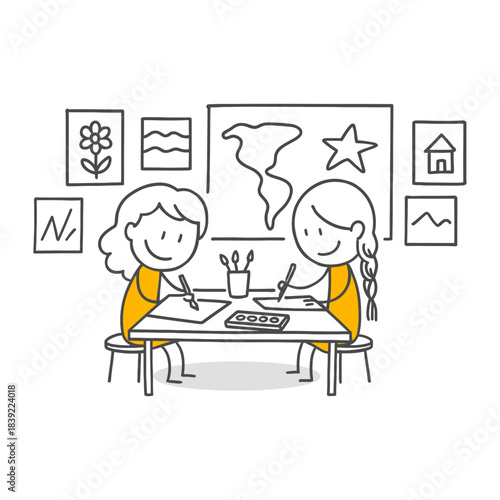 Two Creative Friends Working on an Artistic Project, Translating Their Imagination onto Paper While Gathered at a Common Table.