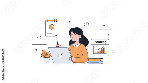 Young caucasian female planning and working on laptop with charts and graphs