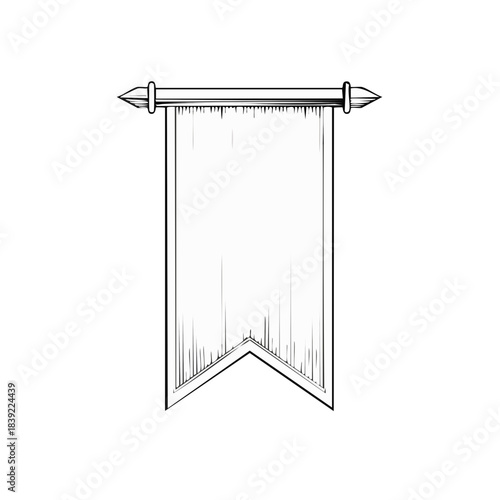 Drawn pennon banner hanging on a pole with sharp finials in black and white