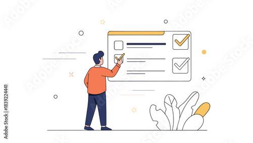 Young caucasian male interacting with digital checklist on screen