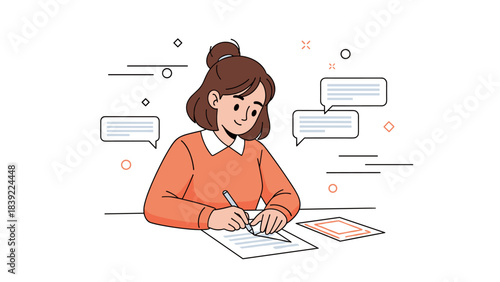 Young hispanic female writing on paper with thought bubbles