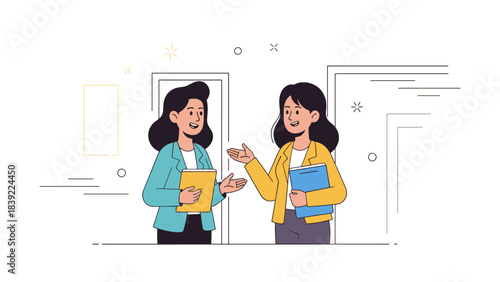 Two female colleagues conversing and smiling in office setting