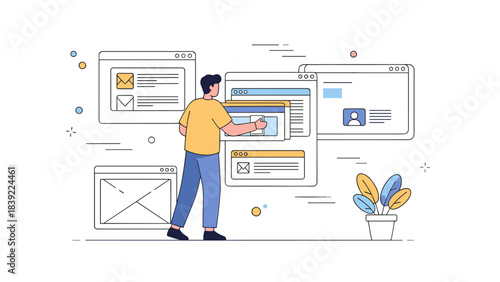 Young hispanic male engaging with digital interfaces in a minimalistic workspace