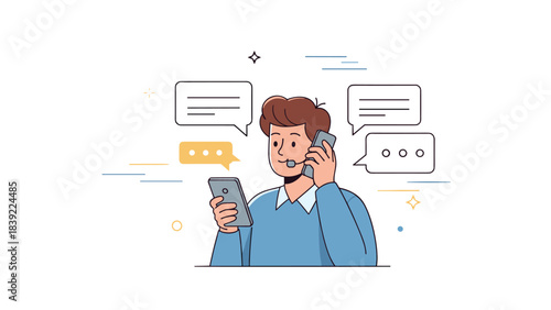 Young caucasian male using smartphone and talking on phone with speech bubbles
