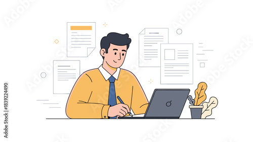 Young asian male working on laptop with documents in office setting