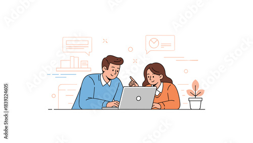 Illustration of colleagues collaborating on laptop in office setting