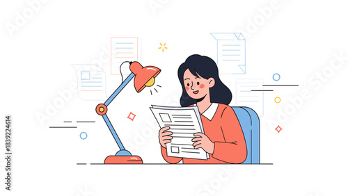 Asian female adult reading documents at desk with lamp in office setting