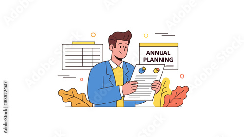Young caucasian male reviewing annual planning document in office illustration