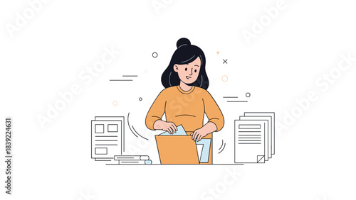 Asian female adult organizing documents at desk