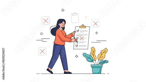 Young hispanic female checking completed tasks on clipboard with plant