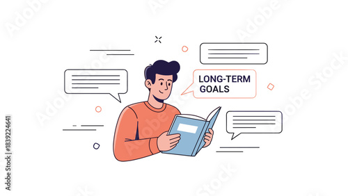 Young hispanic male reading book on long-term goals with speech bubbles