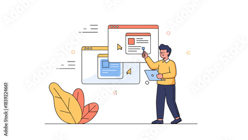 Young caucasian male interacting with digital interface holding laptop