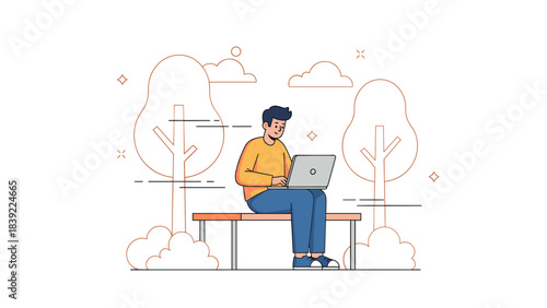 Young male using laptop outdoors on bench in park