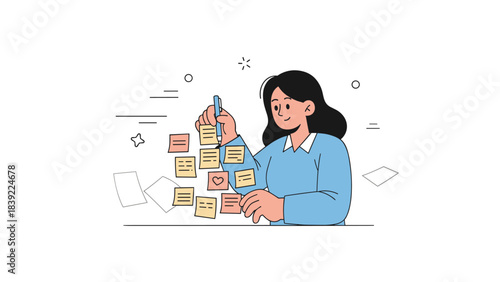 Asian female adult organizing sticky notes on desk in creative workspace illustration
