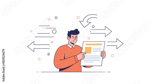 Young caucasian male reading document in abstract directional background