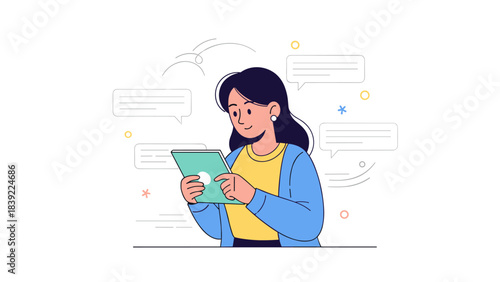 Young adult hispanic female using tablet for communication and learning