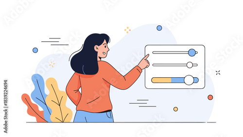 Asian adult female adjusting dashboard controls with optimistic expression