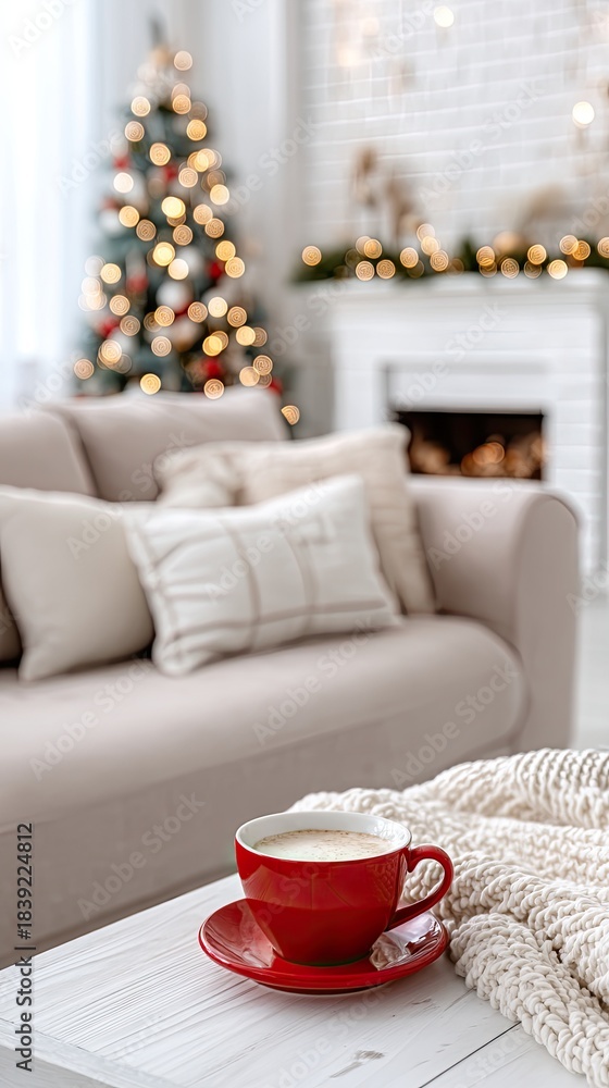 Obraz premium Warm red cup sits on a marble table in a cozy room with a beautiful Christmas tree decorated with lights in the background